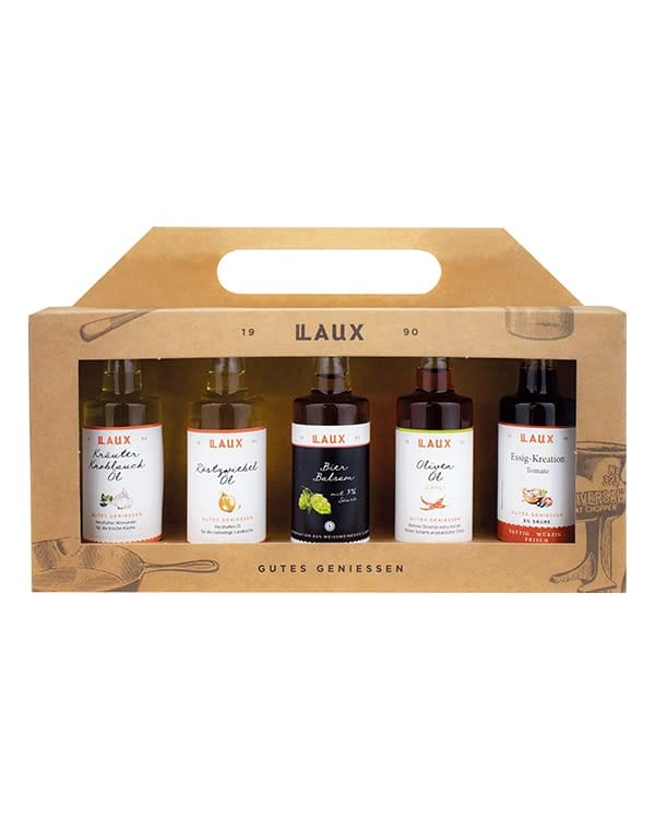 LAUX BBQ Essig Öl Set | 5 aromatische Sorten: Olivenöl, Kräuter Knoblauch Öl, Röstzwiebel Öl, Essig & Balsam | Geschenk für Grillfans | Made in Germany