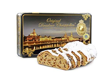 750 g handgefertigter “Dresdner Christstollen®” in Geschenkdose mit “Canaletto bei Nacht”-Motiv