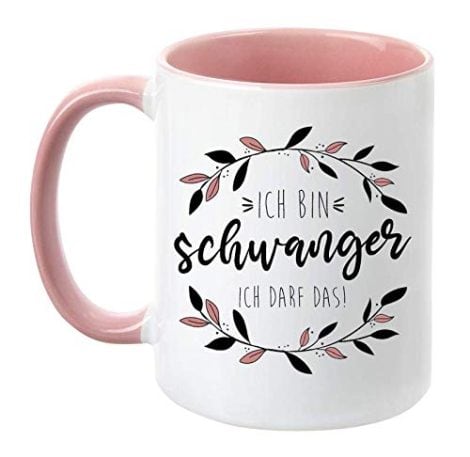 Schwangerschaftstasse: “Ich bin schwanger, ich darf das” – Doppelseitig bedruckt – Geschenkidee für werdende Mamas – Kaffeetasse in Rosa.