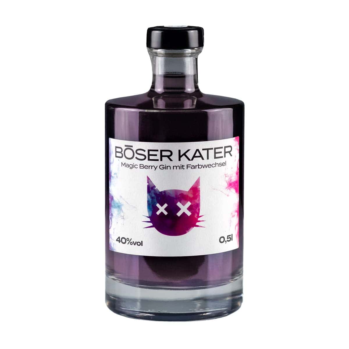 Böser Kater Magic Berry Gin, Farbwechsel-Effekt von Violett zu Rot durch Tonic Water, Das perfekte Geschenk, Fruchtiger Beeren-Geschmack, Handgemachter Katzen Gin, 0,5l - 40% Vol.