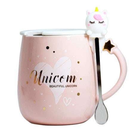 Niedliche Einhorn-Tasse aus Keramik mit Deckel und Löffel, spülmaschinenfest, als lustiges Geburtstagsgeschenk für Frauen, Mädchen und Kinder geeignet.