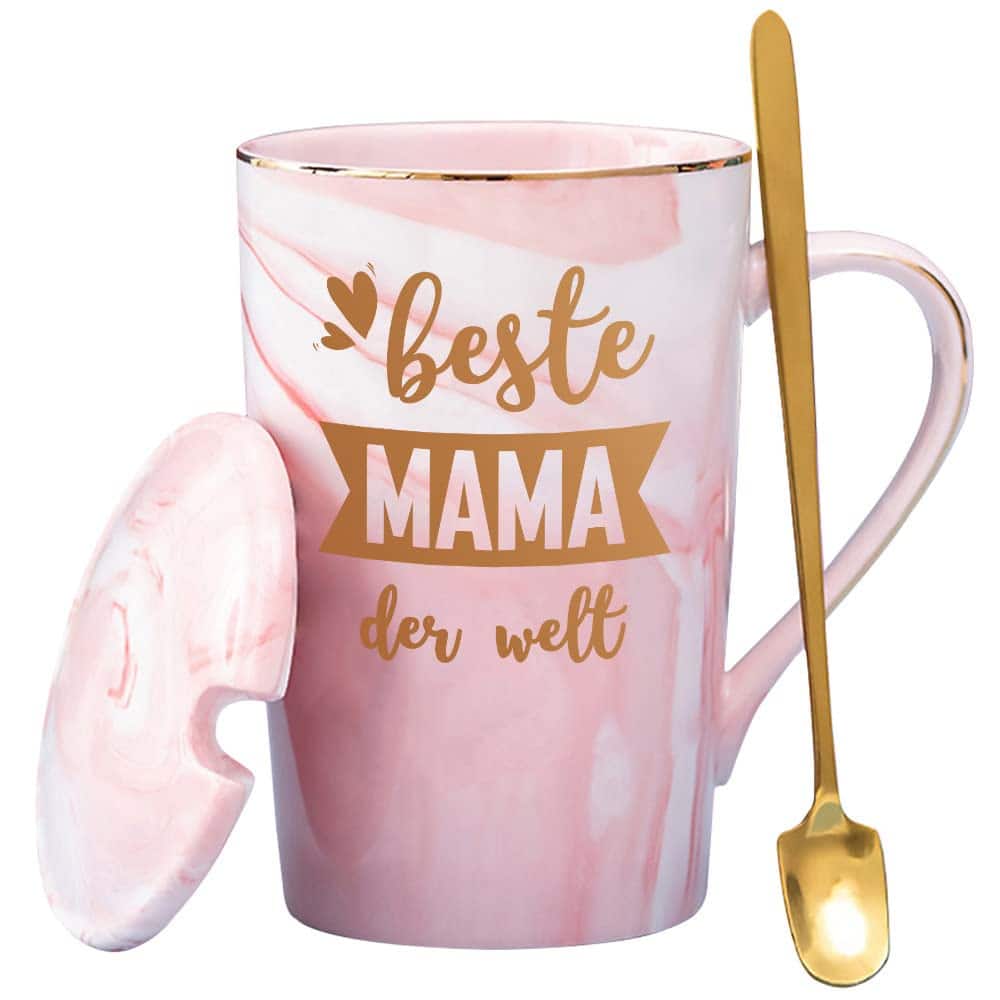 Mama Geschenk Tasse mit Spruch 'Beste Mama der Welt', Geschenke Geschenkideen für Mutter Geburtstagsgeschenk zu Weihnachten zum Muttertag Geburtstag, 400ml Rosa, mit Deckel Löffel, Geschenk-Box