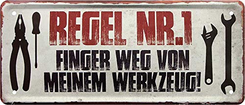 Blechschilder Lustiger Handwerker Spruch “Regel Nr.1 Finger Weg Werkzeug.” Deko Metallschild Schild für Hobbyraum Werkstatt Geschenk zum Geburtstag oder Weihnachten für alle Mechaniker 28x12 cm