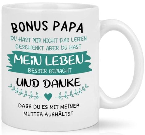 Freudenspendende Tasse mit Aufdruck – Bonus Papa – Witzige Kaffeetasse zum Vatertag/Geburtstag für Papa/Stiefvater, spülmaschinenfeste 11oz Tasse, weiß.