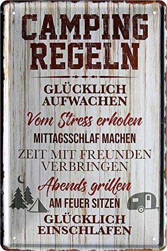 Blechschild “Camping Regeln” – Witziges Dekoschild für Campingfans in Retro-Stil, perfektes Geschenk, 20×30 cm.