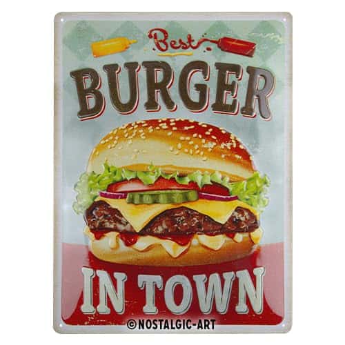 Nostalgic-Art Retro Blechschild, 30 x 40 cm, Best Burger in Town – Geschenk-Idee für Diner-Fans, aus Metall, Vintage Design mit Spruch