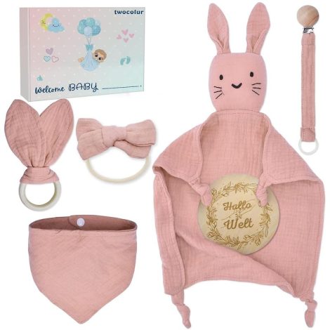 Geschenkset für Babys – Set mit Häschen-Kuscheltuch, Lätzchen, Beißring, Schnullerkette, Stirnband & Holzschild – aus Baumwolle – ideales Geschenk zur Geburt für Mädchen & Jungen (Rosa).