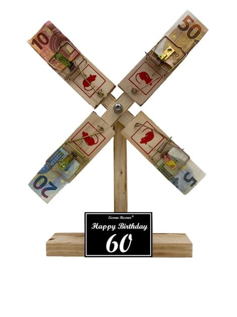 Witzige Geschenke aus unzerbrechlichem Material für den 60. Geburtstag: Eiserne Reserve Windmühle – Text s/w Happy Birthday 60.