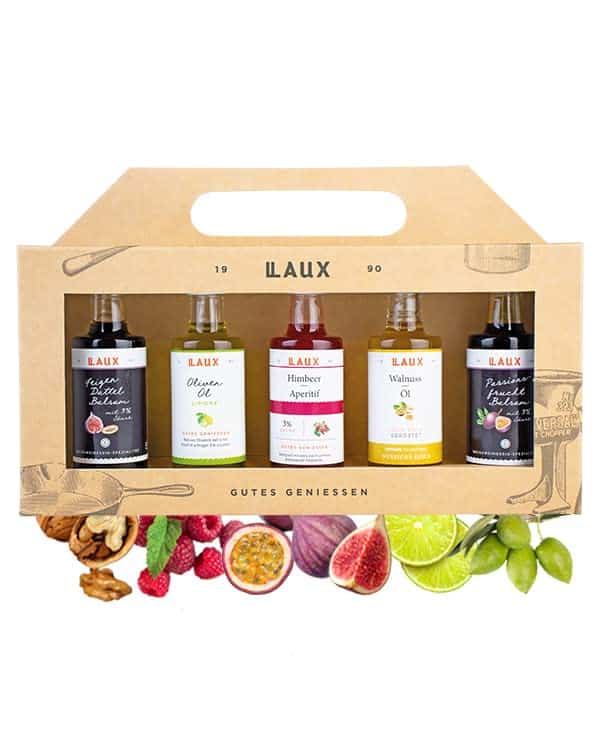 LAUX Essig Öl Geschenkbox - 5 Sorten im Set: Olivenöl, Walnussöl, Balsam & Aperitif - Für Salate & Herzhafte Gerichte - Weihnachtsgeschenke 5x 40ml