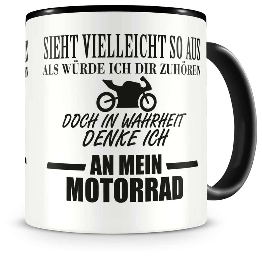 Samunshi® Tasse mit Spruch Ich denke an mein Motorrad Geschenk für Männer Kaffeebecher Kaffeepott schwarz