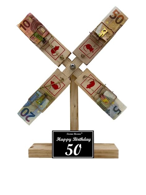 Originelle lustige Geldgeschenke zum 50 Geburtstag – Eiserne Reserve Windmühle – Text s/w Happy Birthday 50. Finde das perfekte Geschenk!