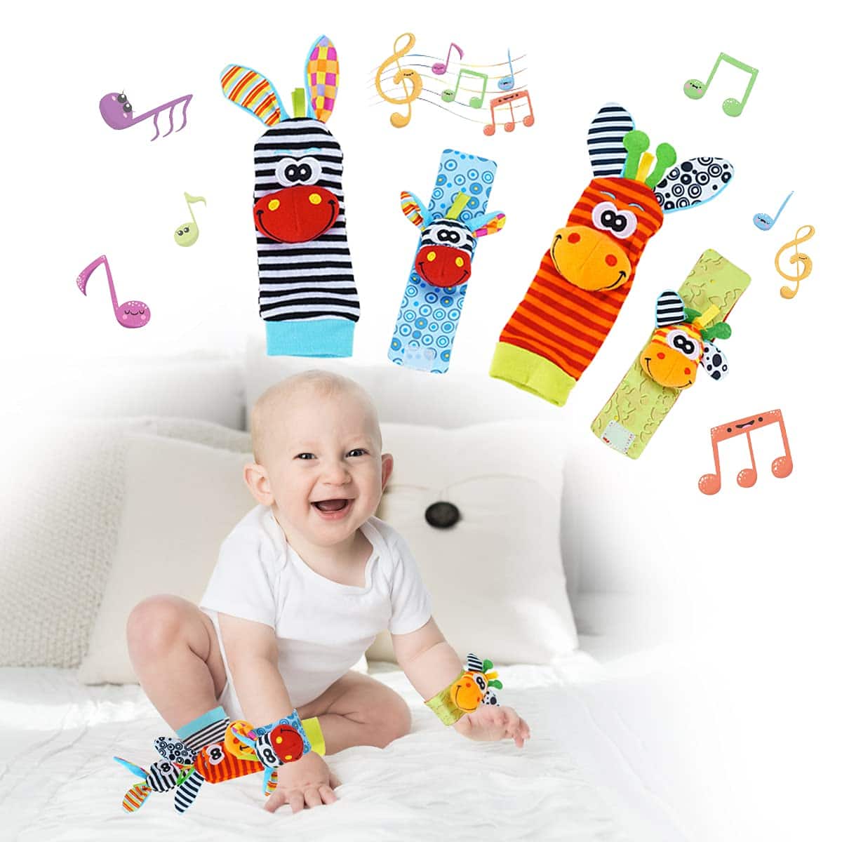 Surplex Baby Rasseln Greiflinge, Babyspielzeug Puppen - Handgelenk Rassel und Fuß Finder Socken Süß Tiere Toys Set für 1-12 Monate Neugeborene Mädchen und Jungen Geschenk