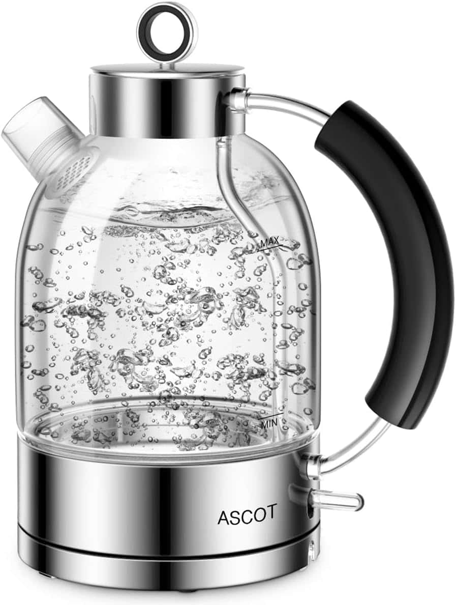 ASCOT Wasserkocher Glas, Elektrischer Wasserkocher Geschenke für Männer/Frauen/Familie 1,5L, Retro Leiser Schnellkochkessel, Trockengehschutz und automatische Abschaltung (Silber)