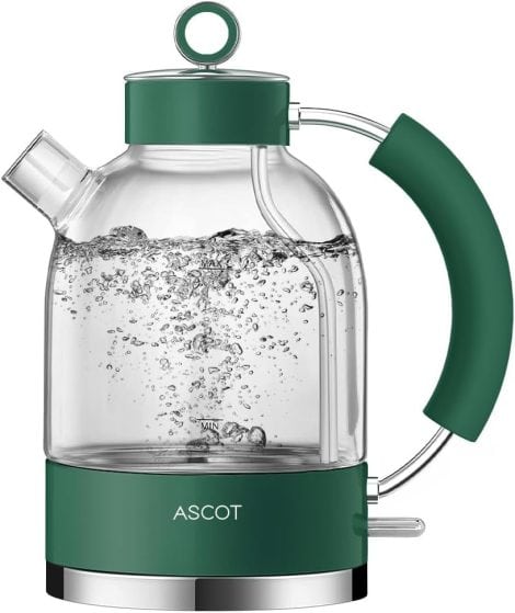 ASCOT Retro Glas Wasserkocher, 1,5L, leise und schnell, Geschenk für Männer/Frauen, Trockengehschutz, automatische Abschaltung (Smaragdgrün).