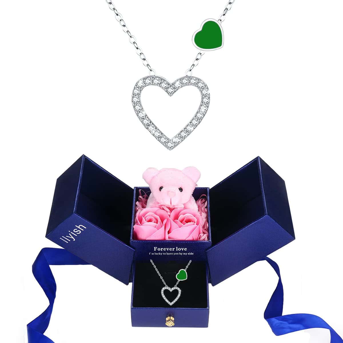 llyish Ewige Rose mit Herz Halskette und Bär Geschenkbox Geschenk für Frauen Mama Freundin Zum Geburtstag Muttertag Jubiläum Valentinstag Erntedankfest