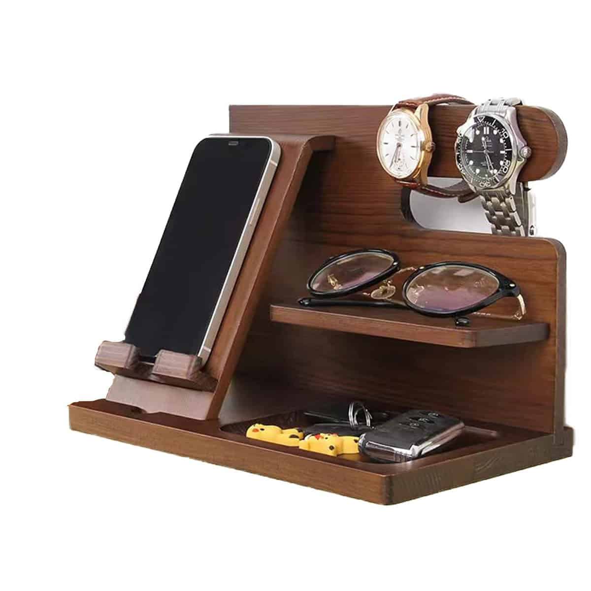 Couchbar Holz Telefon Mobile Halterung Docking Station Handyständer Geldbörsenständer & Uhren Organizer Herren,Weihnachten Geschenk Ehemann Ehefrau Jubiläum Vater Mann Idee Gadgets