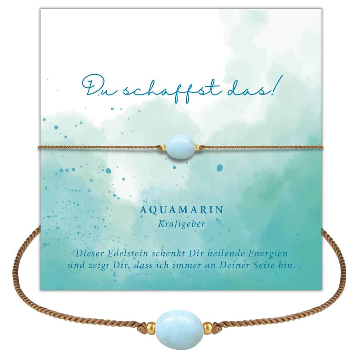 happymaker - Aquamarin Armband Damen, handgemacht Edelstein Armband mit Goldperlen und exklusiver Geschenkverpackung, Filigranes Armband, Du schaffst das Glücksbringer