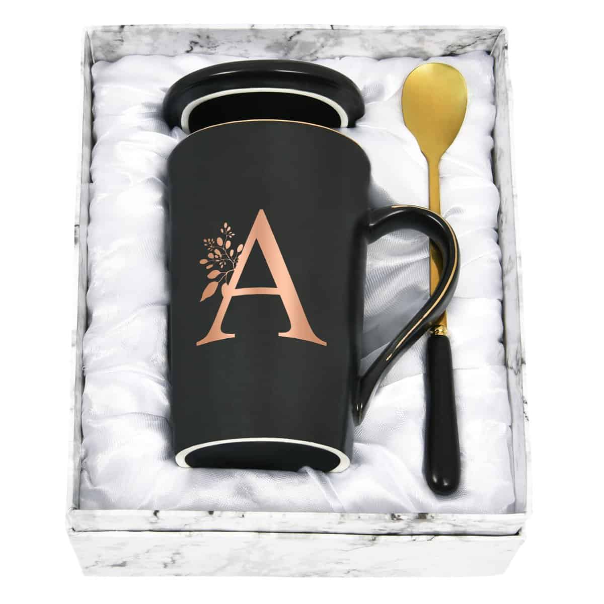 Joymaking Personalisierte Tasse mit Buchstaben Kaffeetasse mit Blumen Motiv, Namen Initiale persönliche Geschenke Kaffeetasse für Frauen Freundin, A - 400ml Schwarz