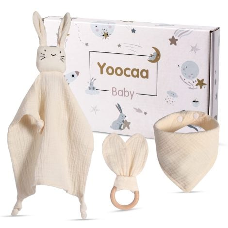 Yoocaa Baby Geschenk Set für Junge & Mädchen – Kuscheltuch, Lätzchen und Beißring aus 100% Musselin-Baumwolle.