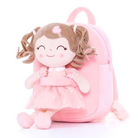 Gloveleya Kleinkind Rucksack – süße Plüsch-Tasche für Mädchen, mit Haar Puppe, Spielzeug, in Rosa, 9 Zoll.