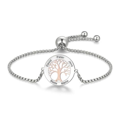 Personalisiertes Mutter-Tochter Armband mit Gravur, in silber und rose-gold, mit Namen der Lebensbaum-Kollektion.