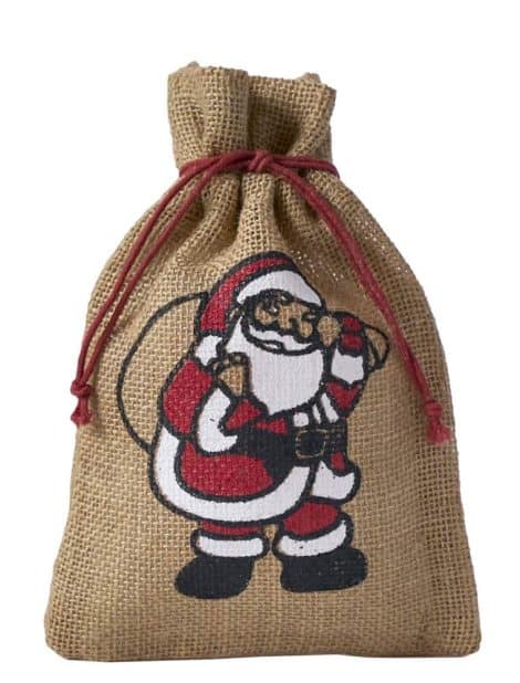 5 Jutebeutel in natürlicher Farbe mit Weihnachtsmotiv: Nikolaus, Weihnachten, Dekoration, Geschenkverpackung für den Winter. (50×40 cm)