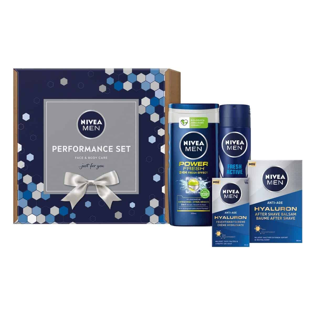 NIVEA MEN Performance Set, Geschenkset für den gepflegten Mann, Pflegeset mit After Shave Balsam, Anti-Falten Feuchtigkeitscreme und Pflegedusche