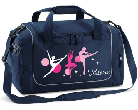 Personalisierte Kinder-Sporttasche von Mein Zwergenland, 38 l Volumen, ideal für Jungs oder Mädchen mit Namen und Ballerina-Print in Marineblau.