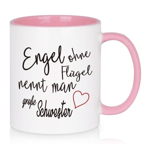 Lustiges Weihnachts- oder Geburtstagsgeschenk für Schwester oder Freundin: Beidseitig bedruckte Tasse “Engel ohne Flügel nennt man Schwester”, 11oz/325ml, rosa.