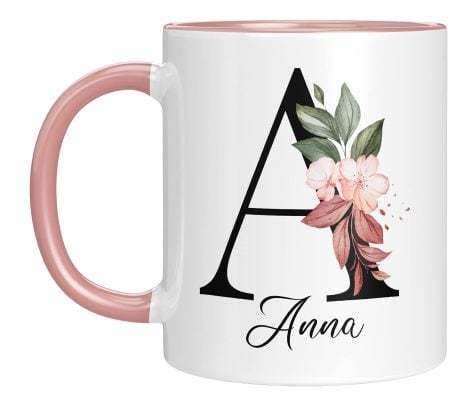 Personalisierte Keramik, Tasse mit Namensmotiv – Ihrem Anfangsbuchstaben und Namen – beidseitig bedruckt – Geschenk für Frauen (Rosa).