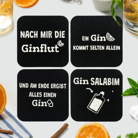 Gin-Set mit Glasuntersetzern aus Filz und lustigen Sprüchen – perfektes Geschenk für Ginfans zu Geburtstag oder Weihnachten.