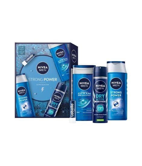 NIVEA MEN Aktivpflege Geschenkset mit Duschgel, Shampoo, Deo und Labello, für Männer mit dynamischem Lebensstil.