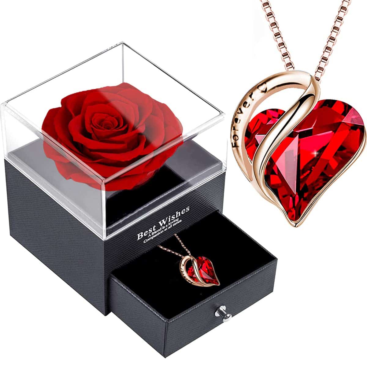 Ewige Rose Box,Infinity Rosen mit Rubin Kette,Konservierte Rote, Echte,925 Sterling Silber Damen Kristall Herz Halskette,Frauen Anhänger Geschenk am Valentinstag,Weihnacht,Muttertag