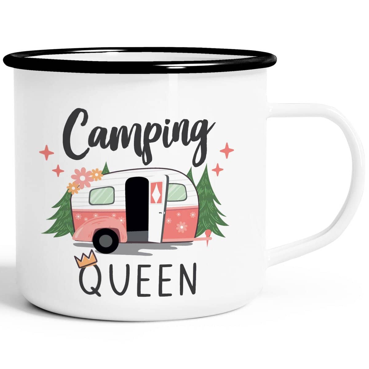 MoonWorks® Emaille-Tasse Camping Queen King Wohnwagen Geschenk Camper Campingurlaub Zubehör Queen emaille-weiß-schwarz standard