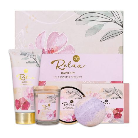 accentra – Geschenkset Frauen RELAX 5-teilig – Badeset mit Duftkerze, Seife, Handcreme, Körperbutter & Badebombe – Wellness Set für Frauen & Mädchen.