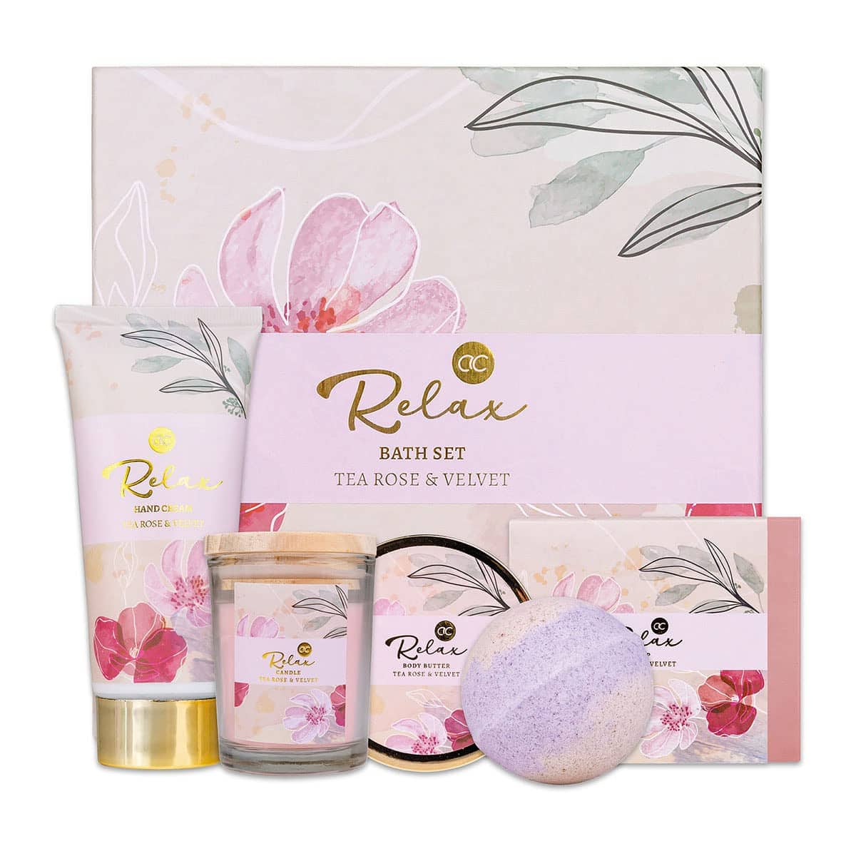 accentra - Geschenkset Frauen RELAX 5-teilig - Badeset Geschenk mit Duftkerze, Seife, Handcreme, Körperbutter & Badebombe – Wellness Set für Frauen & Mädchen zum Geburtstag & besonderen Anlässen