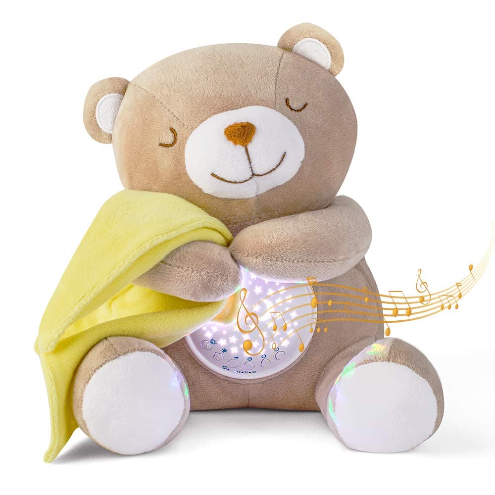 APUNOL Einschlafhilfe Babys Musik und Licht, Babys Nachtlicht Projektor Wiederaufladbar kinder Babyparty Geschenk Mädchen und Junge Spielzeug Teddy mit Weißes Rauschen, Weinen Erkennungs Sensor