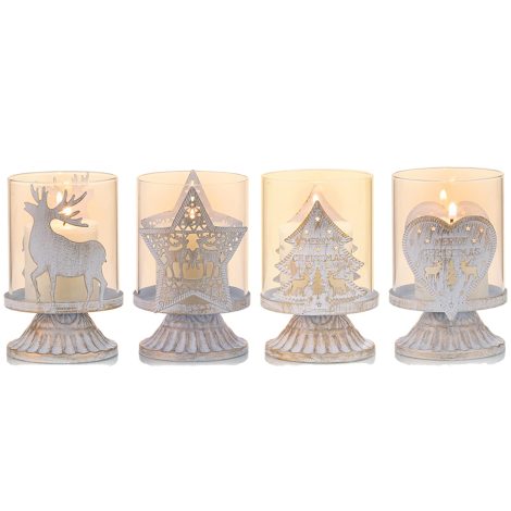 Set aus 4 Vintage Kerzenhaltern aus Metall für Stumpenkerzen, als Dekoration für Partys, Weihnachten. Weiß.