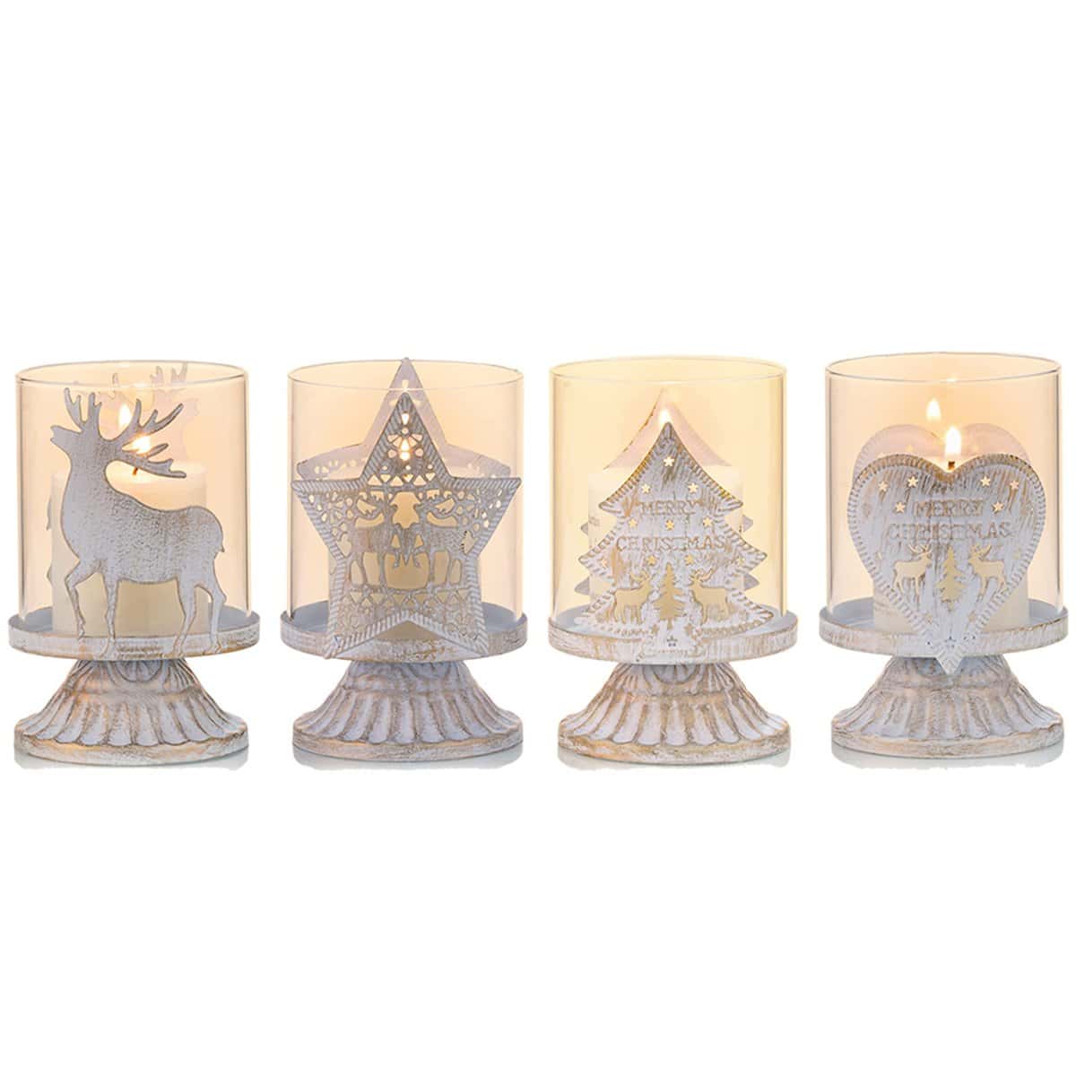 Sziqiqi 4er Set Vintage Kerzenleuchter Kerzenständer Kerzenhalter Windlichthalter aus Metall für Stumpenkerzen, Hurricane Kerzenständer Dekoration für Party Weihnachten Tisch Mantel Kamin, Weiß