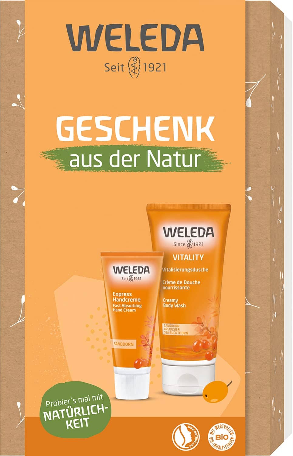 WELEDA Bio Geschenk Set Sanddorn 2023 - Naturkosmetik Geschenkbox Pflegeset bestehend aus Vitality Sanddorn Duschgel und Sanddorn Express Handcreme. Optimal zur täglichen Pflege von Körper & Händen