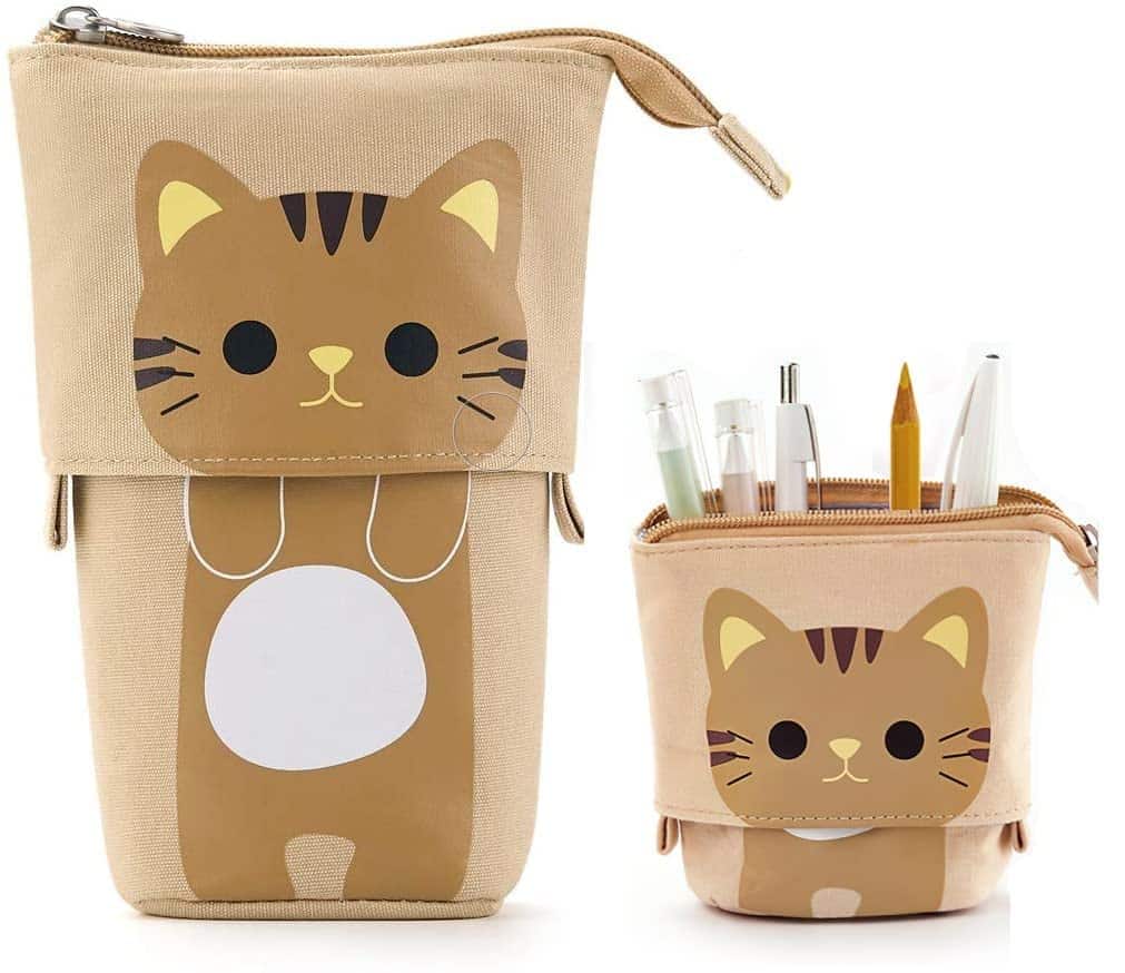 Hillylolly Federtasche Katze, Katzen Federmäppchen, Kinder Mäppchen Katze, Katze Schreibwaren, für Mädchen Jungen Teen Geschenk, 12.5~19cm (Khaki)