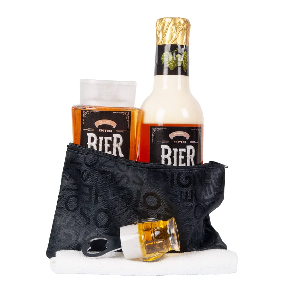 Originelles Männer Bier Geschenk-Set Feierabend handverpackt inklusive Bierbad und Duschgel plus Flaschenöffner dazu Kulturtasche DAS ORIGINAL