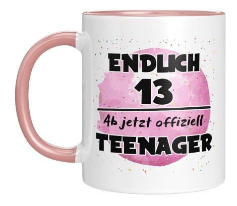 TASSENTICKER – Jetzt 13. Endlich Teenager! Rosa Kaffeetasse als perfekte Geburtstagsgeschenkidee für Mädchen.