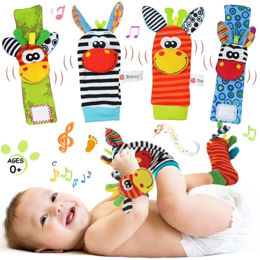 Baby Rasseln Spielzeug Socken und Handgelenk, 4 Stück Fuß Finder und Handgelenk Rassel Weiches Entwicklungs Spielzeug Plüschtiere Spiel für Neugeborene Mädchen und Jungen Baby Geschenk 0-6 Monate