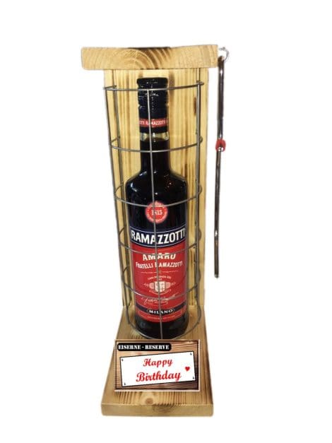 Fröhlicher Geburtstag – Ramazzotti 0,70L Flasche mit Säge und Gitter – lustiges Schnapsgeschenk für ihn und sie.