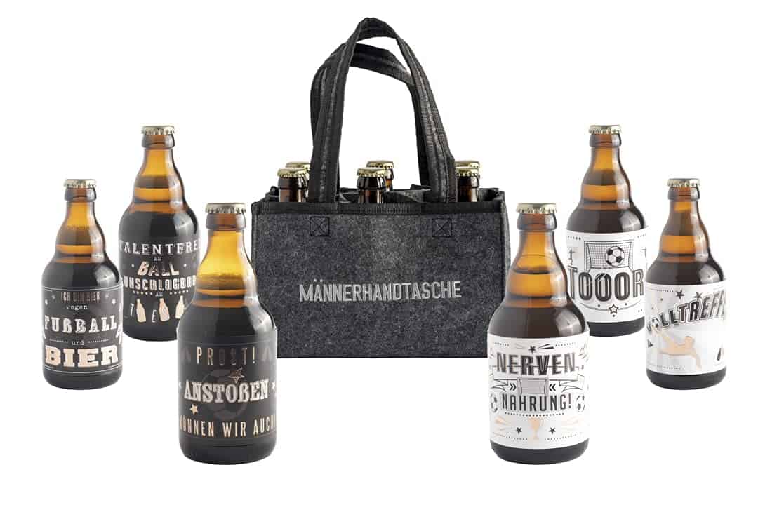 Jack's Bier Männerhandtasche Fußball/Fussball Geschenk gefüllt mit 6 Bier Flaschen/Bier Geschenke für Männer/Männergeschenk mit Bier in der Filztasche/Bier Geschenkset mit 6 × 0,33 l Bier