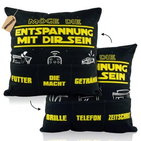 Lustige Männer Kissenhülle mit 6 Taschen, 45 x 45 cm, für Entspannung und als Geschenk zu Geburtstag oder Weihnachten.