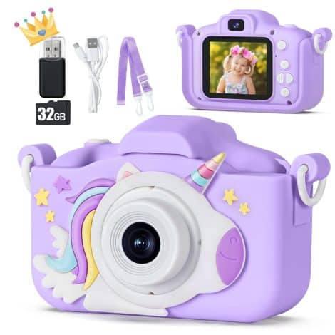 48 Megapixel Kamera für Kinder, Mädchen und Jungen, 3-12 Jahre, Video-Selfie, Weihnachten, Geburtstag, Einhorn, Geschenk, HD-Digitalkamera, 32 GB SD-Karte, Silikonhülle (lila)