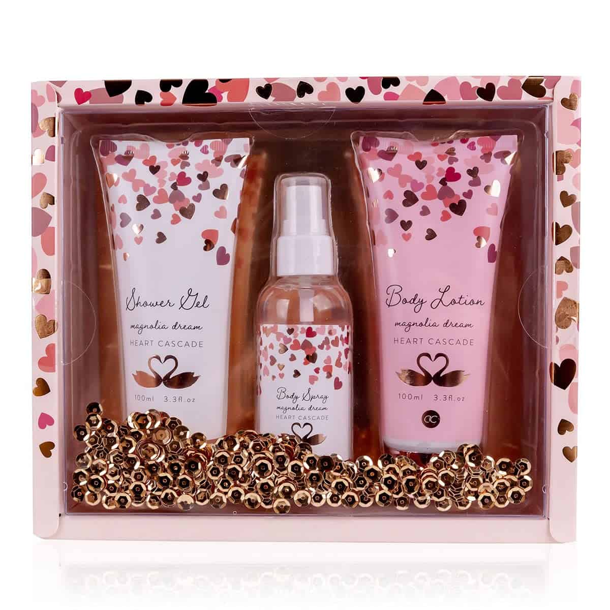 accentra Geschenkset Heart Cascade - Beautyset mit Paillettendeko, Pflegedusche, Bodylotion und Körperspray – das besondere Geschenk für alle Frauen, Damen, Mamas, Mädchen