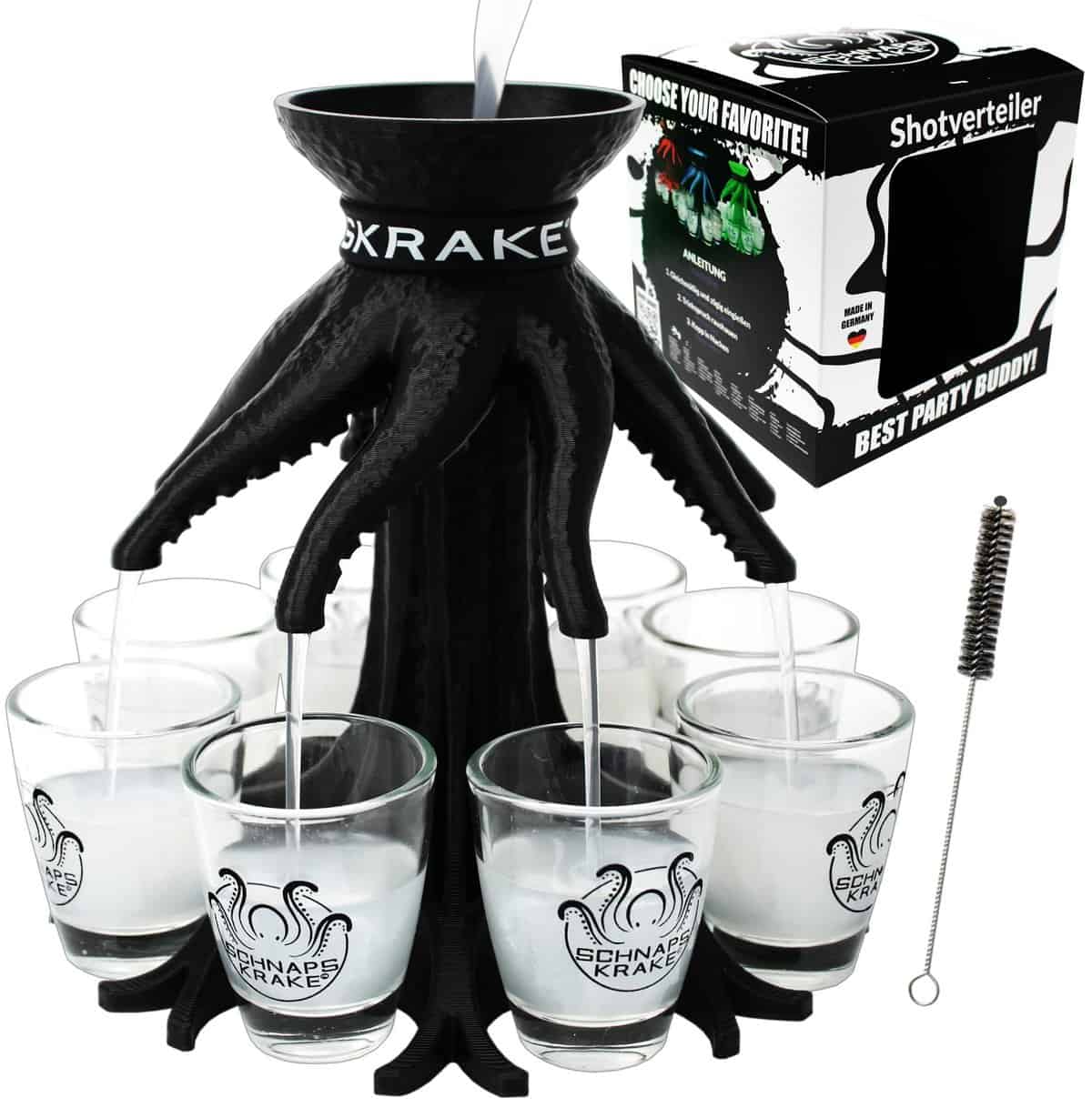 Schnapskrake ® - Das Original - Getränkeverteiler für 8 Personen - 18 Geburtstag Geschenk - Bar Butler - Ausgiesser - Einschenker (schwarz, inkl. Gläser)